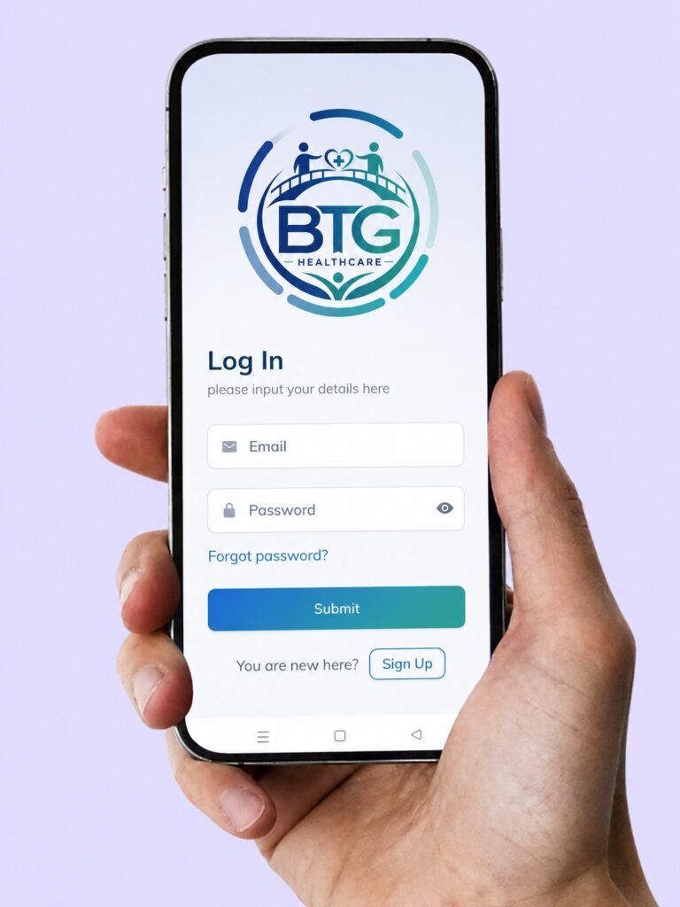 A hand holding a smartphone showing the BTG Healthcare app login screen